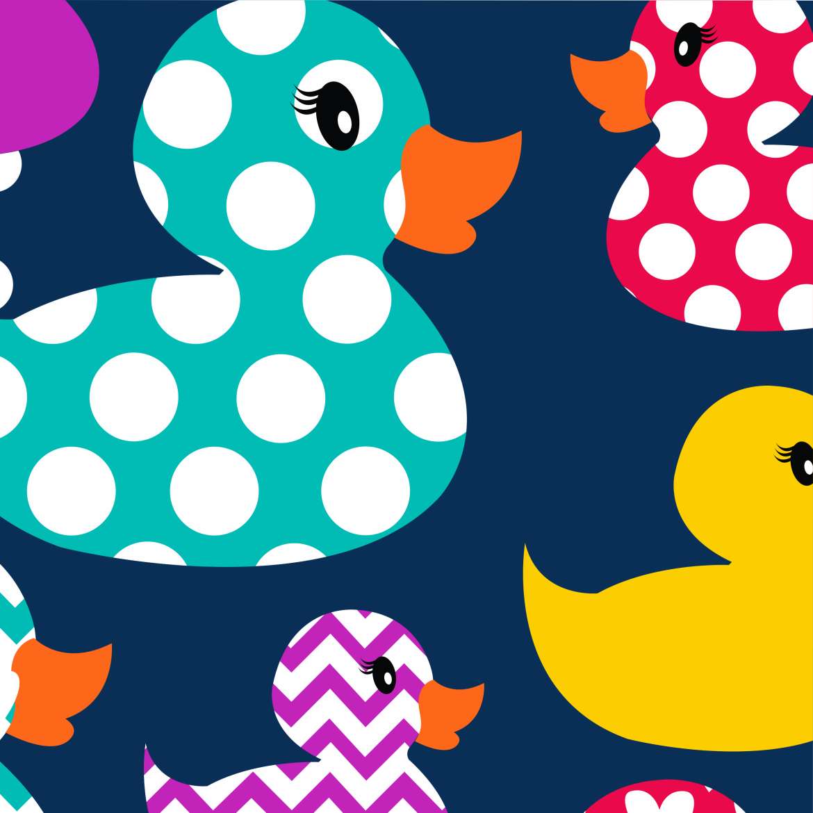 Multi-Colored Rubber Ducks on a Navy Blue Background
